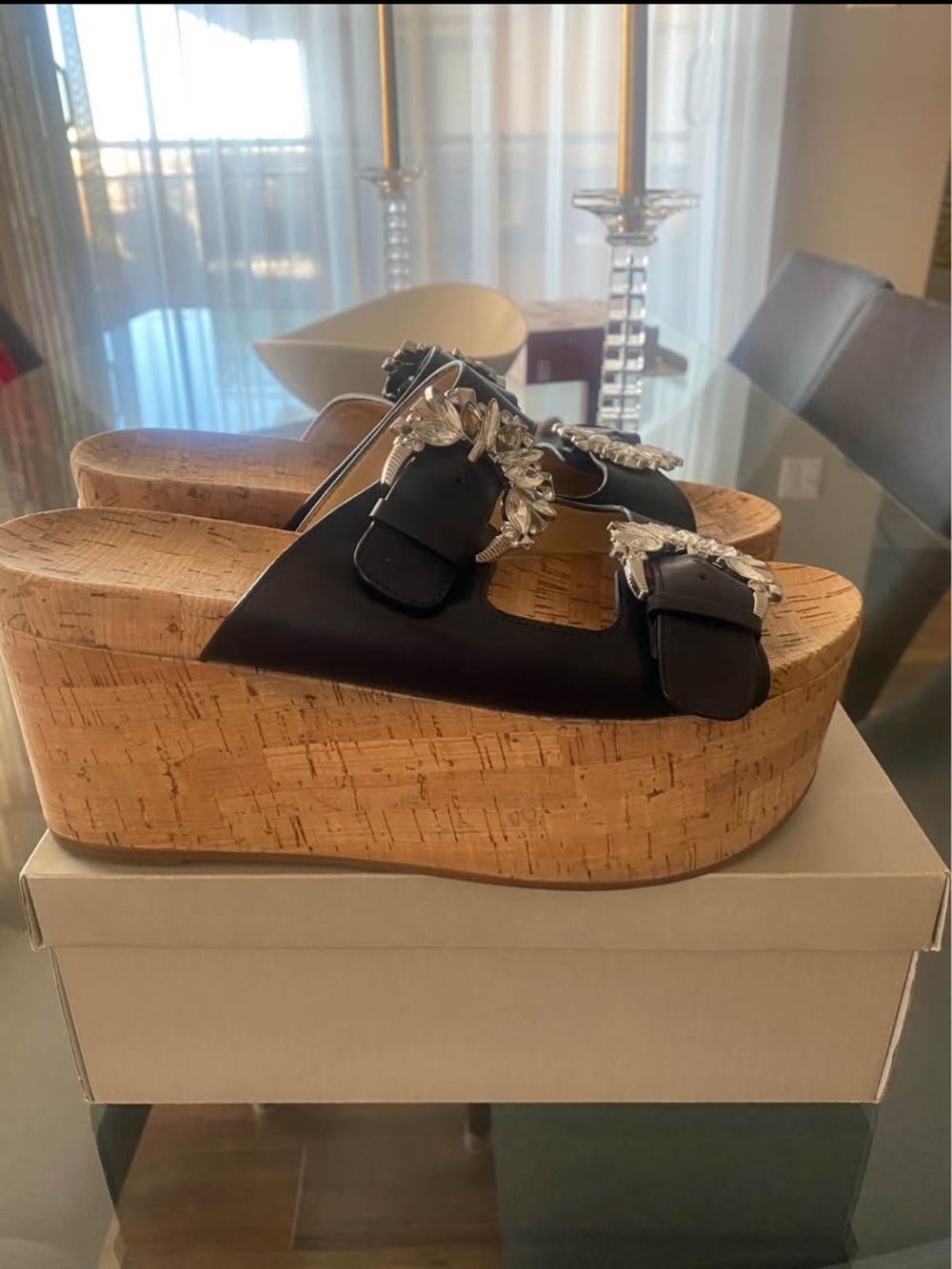 MK Black Cork Platform Slide Sandals with Crystal Buckles